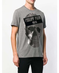 graues bedrucktes T-Shirt mit einem Rundhalsausschnitt von Philipp Plein