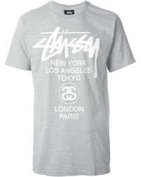 graues bedrucktes T-Shirt mit einem Rundhalsausschnitt von Stussy