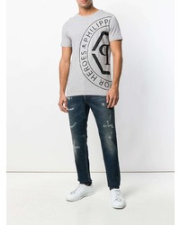 graues bedrucktes T-Shirt mit einem Rundhalsausschnitt von Philipp Plein