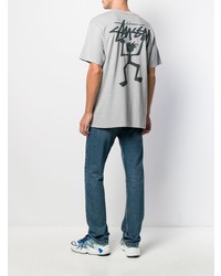 graues bedrucktes T-Shirt mit einem Rundhalsausschnitt von Stussy