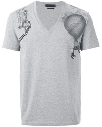 graues bedrucktes T-Shirt mit einem V-Ausschnitt von Alexander McQueen