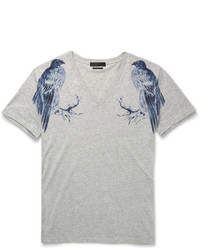 graues bedrucktes T-Shirt mit einem V-Ausschnitt von Alexander McQueen