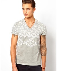 graues bedrucktes T-Shirt mit einem V-Ausschnitt von Asos
