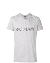 graues bedrucktes T-Shirt mit einem V-Ausschnitt von Balmain