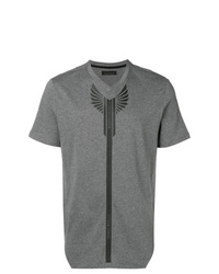 graues bedrucktes T-Shirt mit einem V-Ausschnitt von Frankie Morello