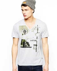 graues bedrucktes T-Shirt mit einem V-Ausschnitt von G Star