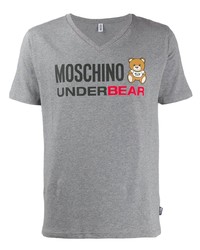graues bedrucktes T-Shirt mit einem V-Ausschnitt von Moschino