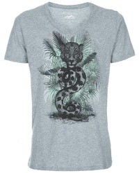 graues bedrucktes T-Shirt mit einem V-Ausschnitt von Paul & Joe