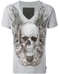 graues bedrucktes T-Shirt mit einem V-Ausschnitt von Philipp Plein