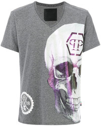 graues bedrucktes T-Shirt mit einem V-Ausschnitt von Philipp Plein