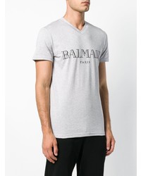 graues bedrucktes T-Shirt mit einem V-Ausschnitt von Balmain