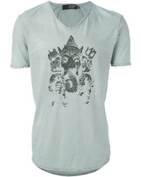 graues bedrucktes T-Shirt mit einem V-Ausschnitt von Tom Rebl
