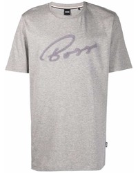 graues besticktes T-Shirt mit einem Rundhalsausschnitt von BOSS