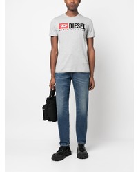 graues besticktes T-Shirt mit einem Rundhalsausschnitt von Diesel