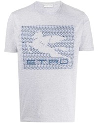 graues besticktes T-Shirt mit einem Rundhalsausschnitt von Etro