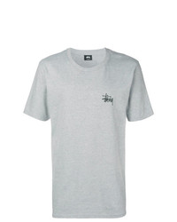 graues besticktes T-Shirt mit einem Rundhalsausschnitt von Stussy