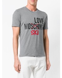 graues besticktes T-Shirt mit einem Rundhalsausschnitt von Love Moschino