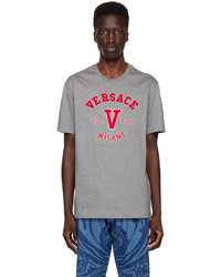 graues besticktes T-Shirt mit einem Rundhalsausschnitt von Versace
