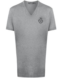 graues besticktes T-Shirt mit einem V-Ausschnitt von Dolce & Gabbana