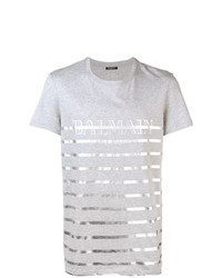graues horizontal gestreiftes T-Shirt mit einem Rundhalsausschnitt von Balmain
