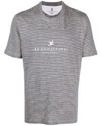 graues horizontal gestreiftes T-Shirt mit einem Rundhalsausschnitt von Brunello Cucinelli