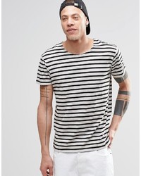 graues horizontal gestreiftes T-Shirt mit einem Rundhalsausschnitt von Cheap Monday