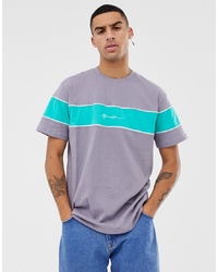 graues horizontal gestreiftes T-Shirt mit einem Rundhalsausschnitt von Mennace
