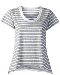 graues horizontal gestreiftes T-Shirt mit einem Rundhalsausschnitt von Sacai