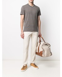 graues horizontal gestreiftes T-Shirt mit einem Rundhalsausschnitt von Brunello Cucinelli