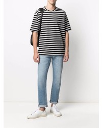 graues horizontal gestreiftes T-Shirt mit einem Rundhalsausschnitt von Junya Watanabe