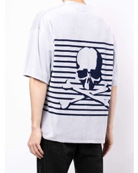 graues horizontal gestreiftes T-Shirt mit einem Rundhalsausschnitt von Mastermind World