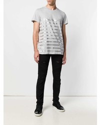 graues horizontal gestreiftes T-Shirt mit einem Rundhalsausschnitt von Balmain