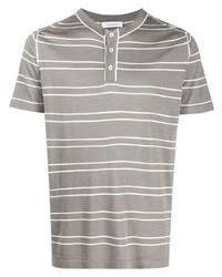 graues horizontal gestreiftes T-shirt mit einer Knopfleiste