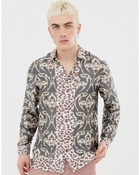 graues Langarmhemd mit Paisley-Muster von ASOS DESIGN