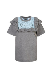 graues Spitze T-Shirt mit einem Rundhalsausschnitt mit Rüschen von Marco Bologna