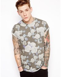 graues T-Shirt mit einem Rundhalsausschnitt mit Blumenmuster