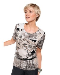 graues T-Shirt mit einem Rundhalsausschnitt mit Blumenmuster von ALESSA W.