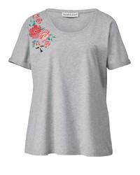 graues T-Shirt mit einem Rundhalsausschnitt mit Blumenmuster von Janet und Joyce by Happy Size