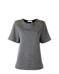 graues T-Shirt mit einem Rundhalsausschnitt mit Lochstickerei