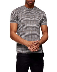 graues T-Shirt mit einem Rundhalsausschnitt mit Schottenmuster