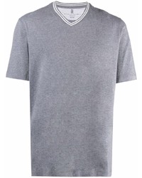 graues T-Shirt mit einem V-Ausschnitt von Brunello Cucinelli