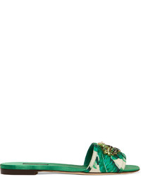 grüne bedruckte flache Sandalen aus Satin von Dolce & Gabbana