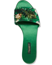 grüne bedruckte flache Sandalen aus Satin von Dolce & Gabbana