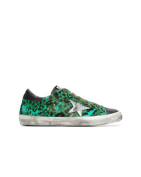 grüne Leder niedrige Sneakers mit Leopardenmuster