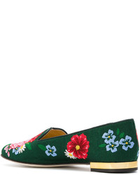 grüne Leder Slipper mit Blumenmuster von Charlotte Olympia