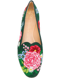 grüne Leder Slipper mit Blumenmuster von Charlotte Olympia