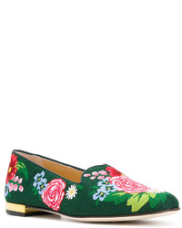 grüne Leder Slipper mit Blumenmuster von Charlotte Olympia