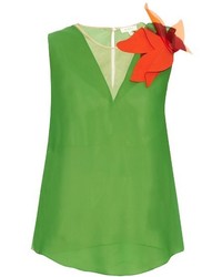 grüne Seide Bluse mit Blumenmuster