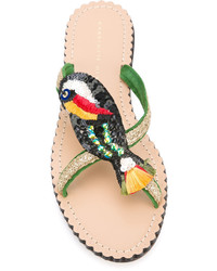 grüne verzierte flache Sandalen aus Leder von Charlotte Olympia
