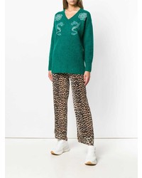 grüner bestickter Pullover mit einem V-Ausschnitt von Kenzo